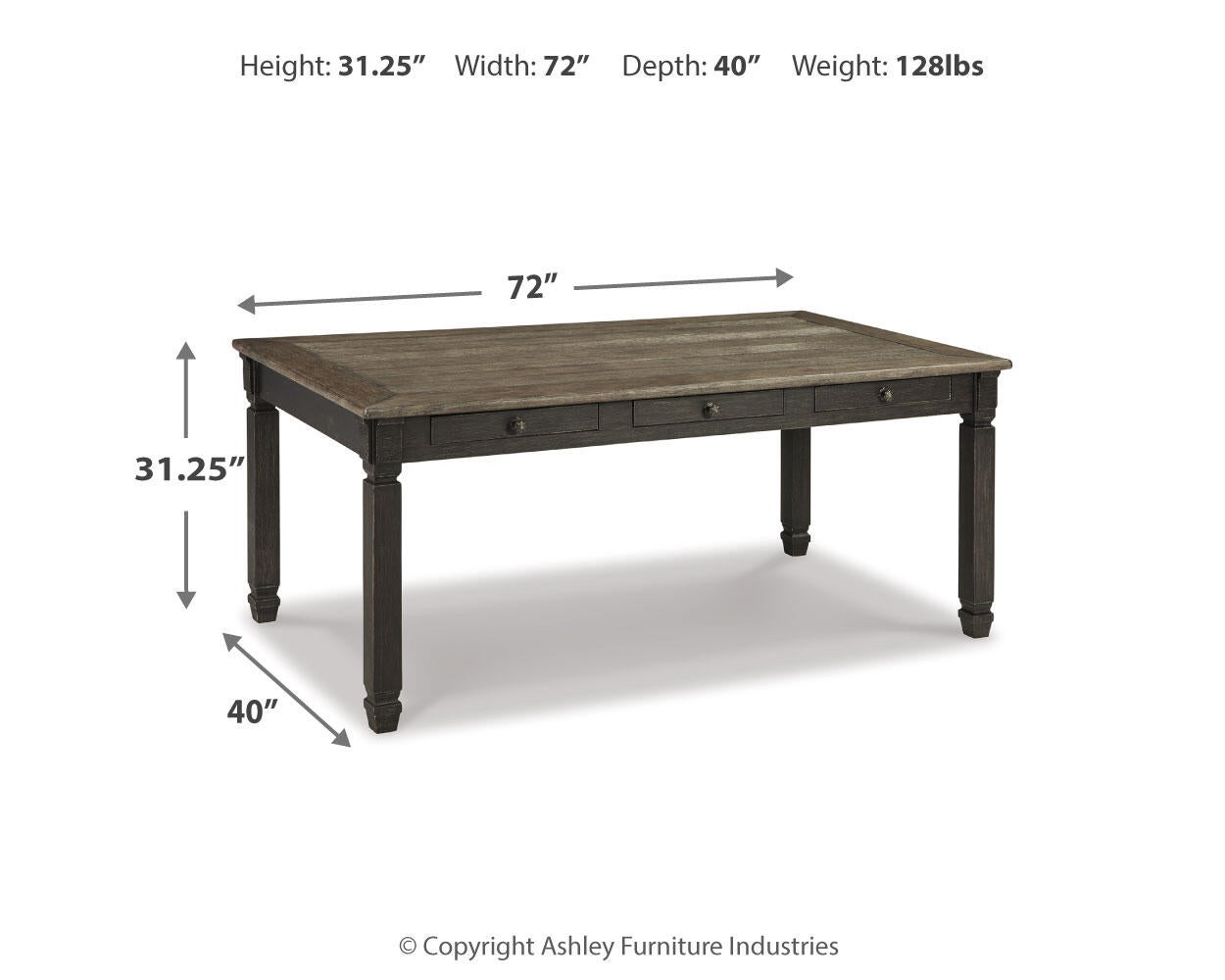 The Tyler Creek Rectangular Dining Room Table features a two-tone finish, four legs, and three drawers. Measuring 72" W x 40" D x 31.25" H and weighing 128 lbs, it's ideal for bringing urban farmhouse style to your home.