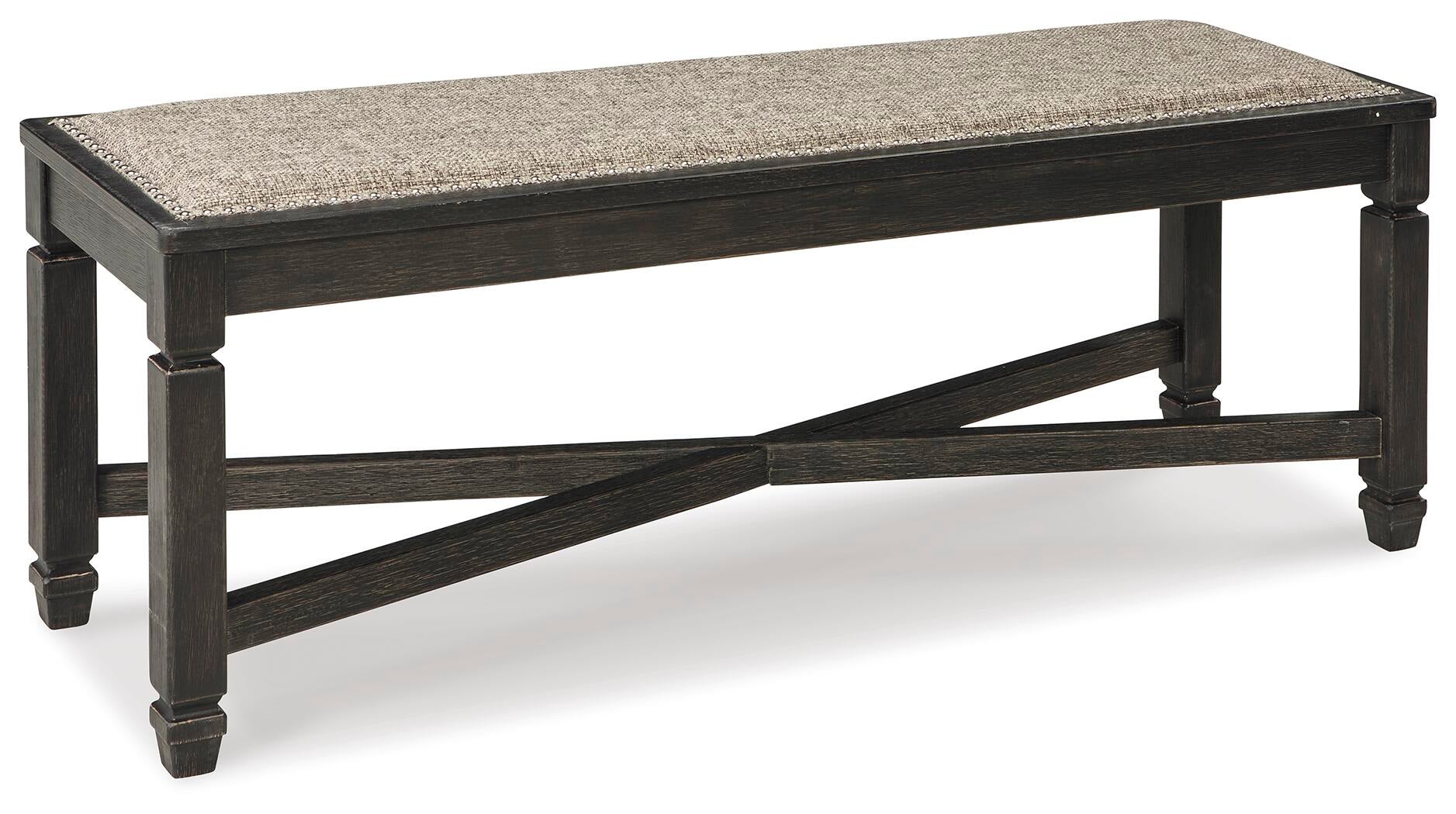 The Tyler Creek Upholstered Bench features a cushioned neutral fabric seat and sturdy black cross-braced legs, adding an urban farmhouse touch to your dining room.