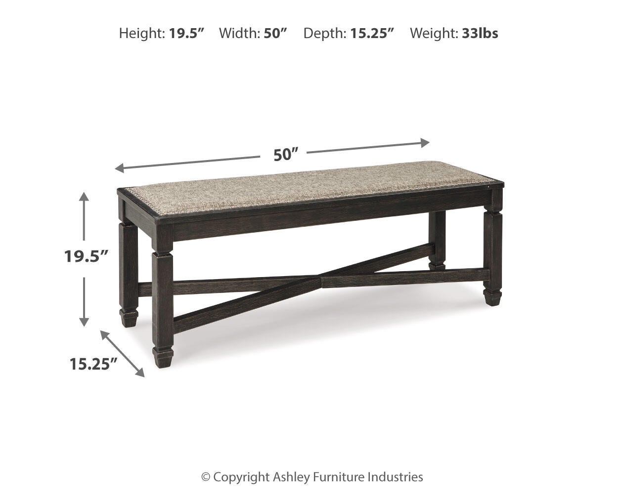 The Tyler Creek Upholstered Bench features a black-finished wooden frame and measures 19.5" H x 50" W x 15.25" D (33 lbs.), making it perfect for an urban farmhouse style space. Arrows indicate height, width, and depth.