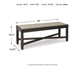 The Tyler Creek Upholstered Bench features a black-finished wooden frame and measures 19.5" H x 50" W x 15.25" D (33 lbs.), making it perfect for an urban farmhouse style space. Arrows indicate height, width, and depth.