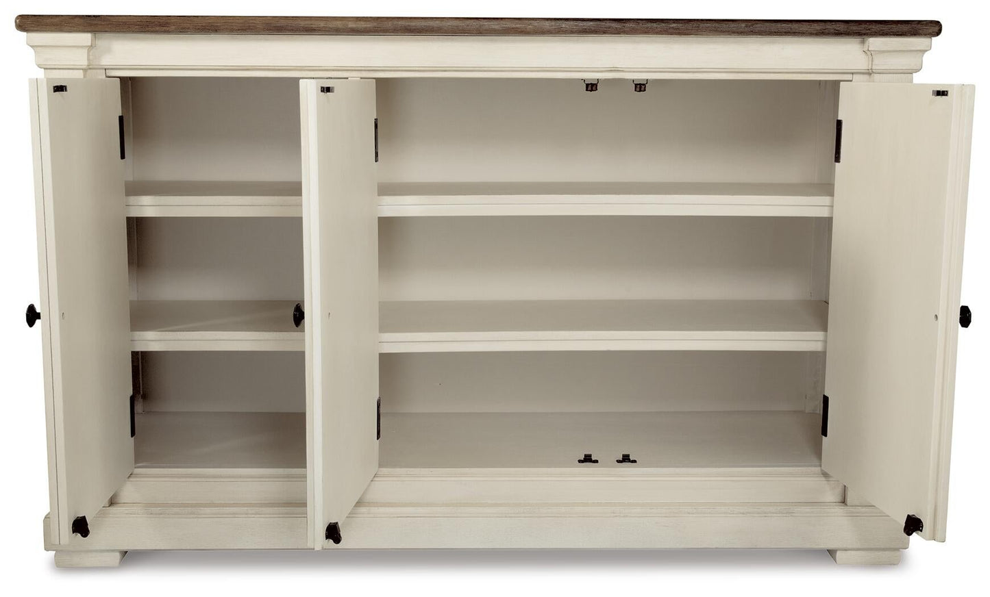 The Bolanburg Dining Room Server features a white wood frame, two open cabinet doors revealing three interior shelves, and a dark weathered oak finish top.