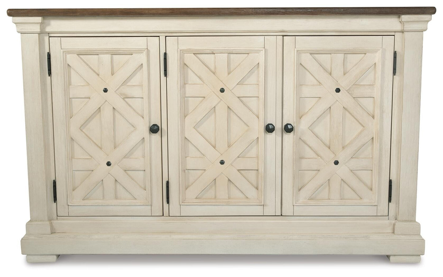 The Bolanburg Dining Room Server is a cream-colored wooden buffet with three paneled doors featuring geometric details and black knobs, a dark wood top, and a weathered oak finish—ideal as a dining room server.