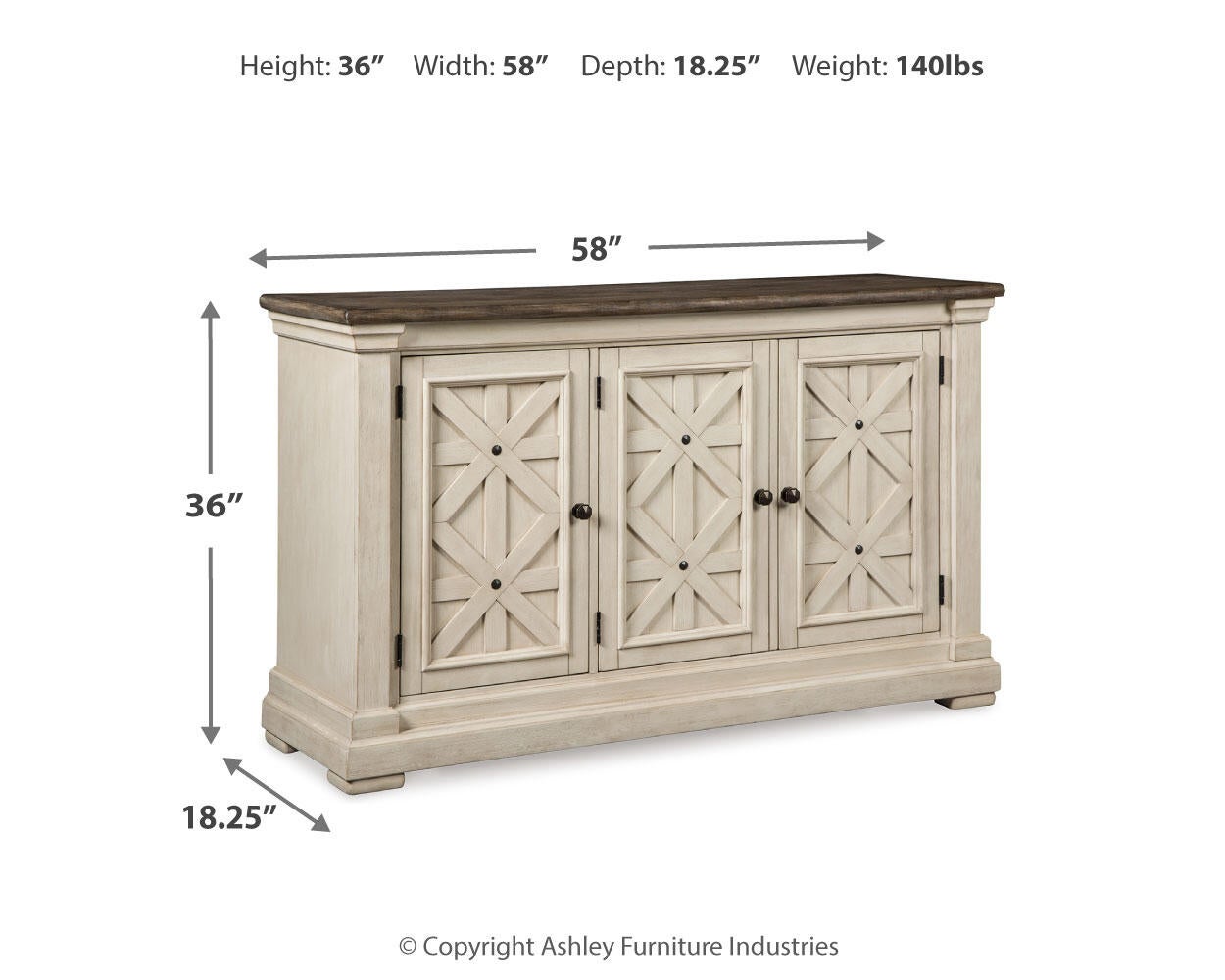 The Bolanburg Dining Room Server features three paneled doors, a weathered oak finish, and measures 36"H x 58"W x 18.25"D, weighing 140 lbs—ideal as a vintage buffet centerpiece for your dining room.