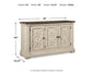 The Bolanburg Dining Room Server features three paneled doors, a weathered oak finish, and measures 36"H x 58"W x 18.25"D, weighing 140 lbs—ideal as a vintage buffet centerpiece for your dining room.