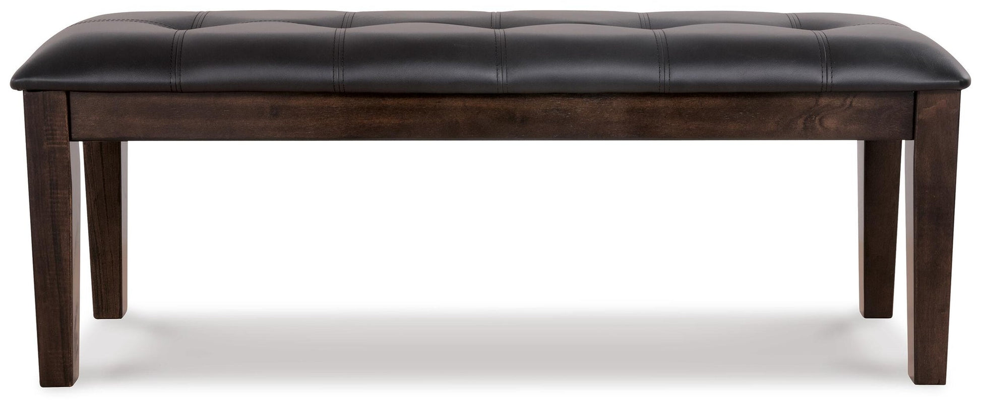 The Haddigan Large UPH Dining Room Bench features a rectangular wooden frame with four legs and a padded, black tufted faux leather seat.