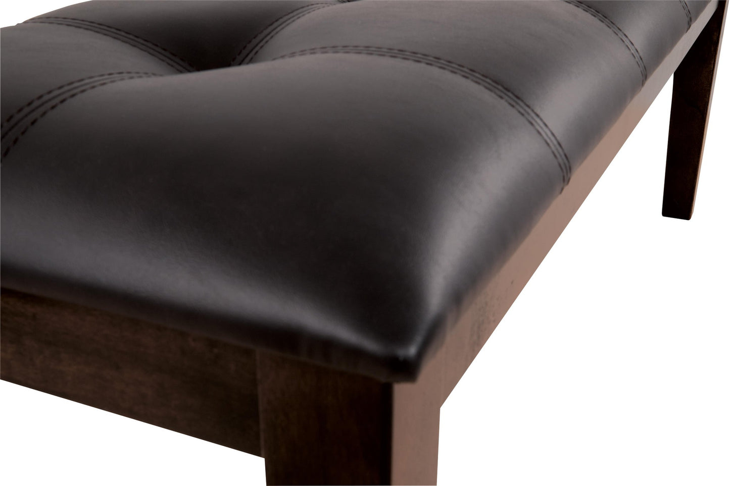 Close-up of the Haddigan Large UPH Dining Room Bench featuring a dark brown wood frame and a black tufted leather seat cushion.