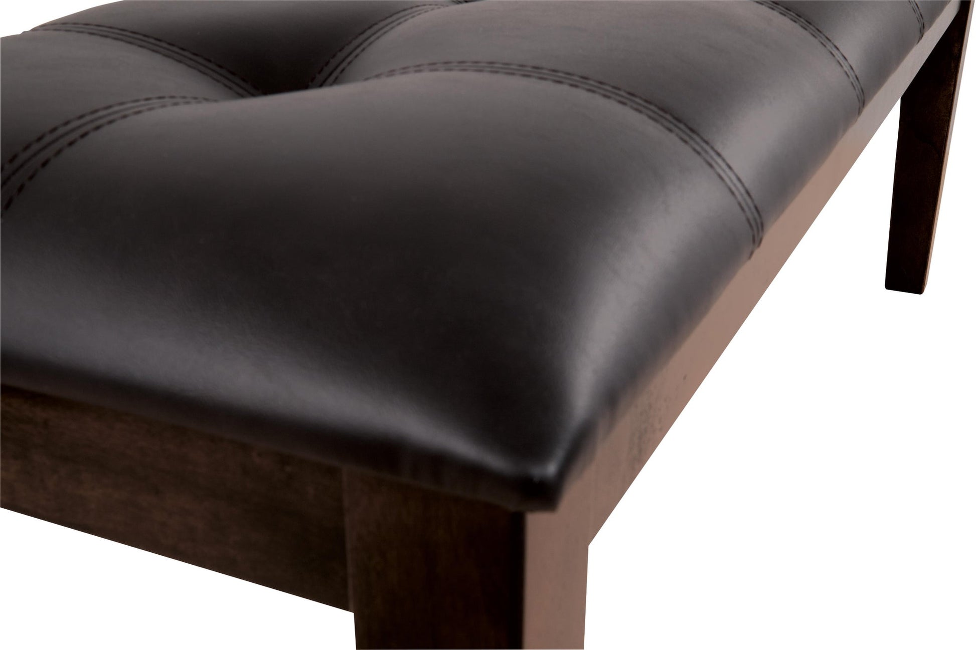 Close-up of the Haddigan Large UPH Dining Room Bench featuring a dark brown wood frame and a black tufted leather seat cushion.