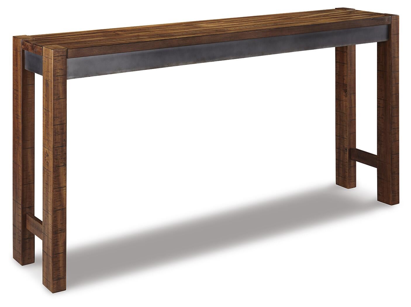 The Torjin Long Counter Table is a rectangular wooden industrial table with metal accents and four sturdy legs, displayed on a white background.
