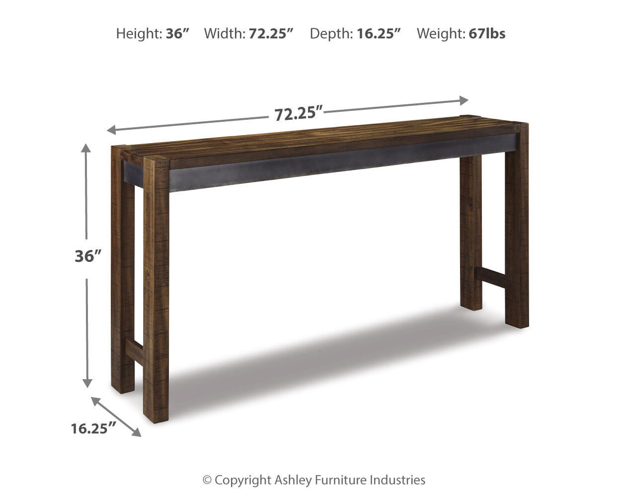 The Torjin Long Counter Table features a rectangular wood and metal design, ideal as a console or sofa table. Dimensions: 36"H x 72.25"W x 16.25"D; weight: 67 lbs.