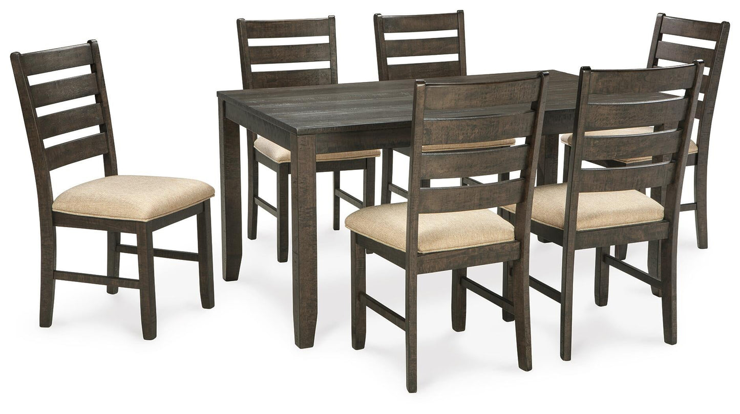 The Rokane Dining Room Table Set (7/CN) features a dark wood table with six matching chairs upholstered in light beige, all displayed on a white background.