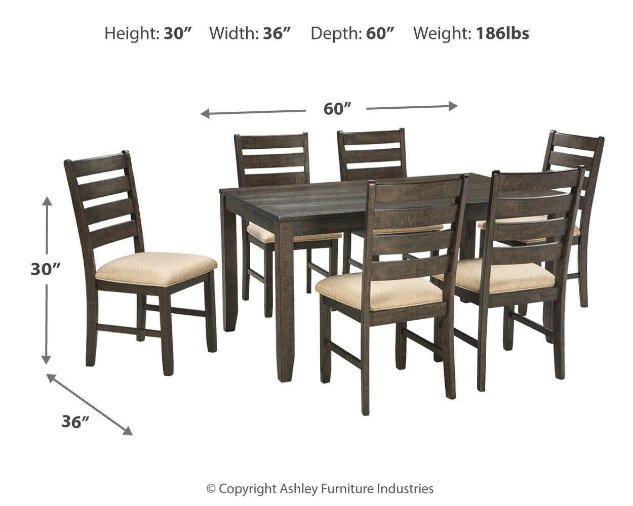 The Rokane Dining Room Table Set (7/CN) includes a rectangular table (30"H x 36"W x 60"D, 186 lbs) and six matching upholstered chairs with beige cushioned seats.