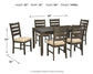 The Rokane Dining Room Table Set (7/CN) includes a rectangular table (30"H x 36"W x 60"D, 186 lbs) and six matching upholstered chairs with beige cushioned seats.