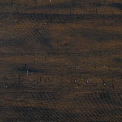 The Rokane Dining Room Table Set (7/CN) features a dark brown wood surface with visible grain patterns and distressed markings, ideal for pairing with upholstered chairs or as a complete dining table set.