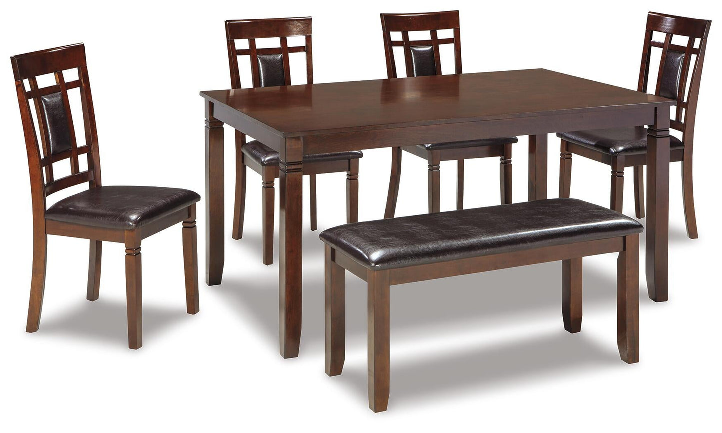 The Bennox Dining Room Table Set (6/CN) includes a dark wood table, four upholstered chairs with square backrests, and a matching bench, all featuring padded dark brown seats.