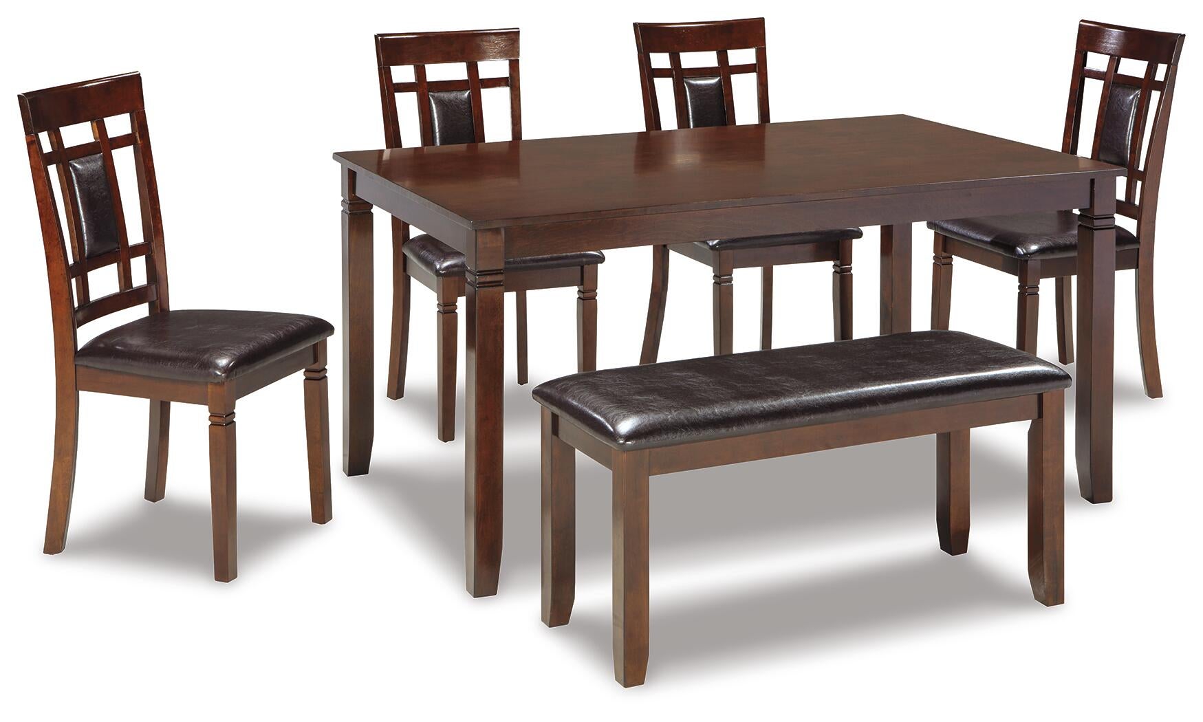 The Bennox Dining Room Table Set (6/CN) includes a dark wood table, four upholstered chairs with square backrests, and a matching bench, all featuring padded dark brown seats.
