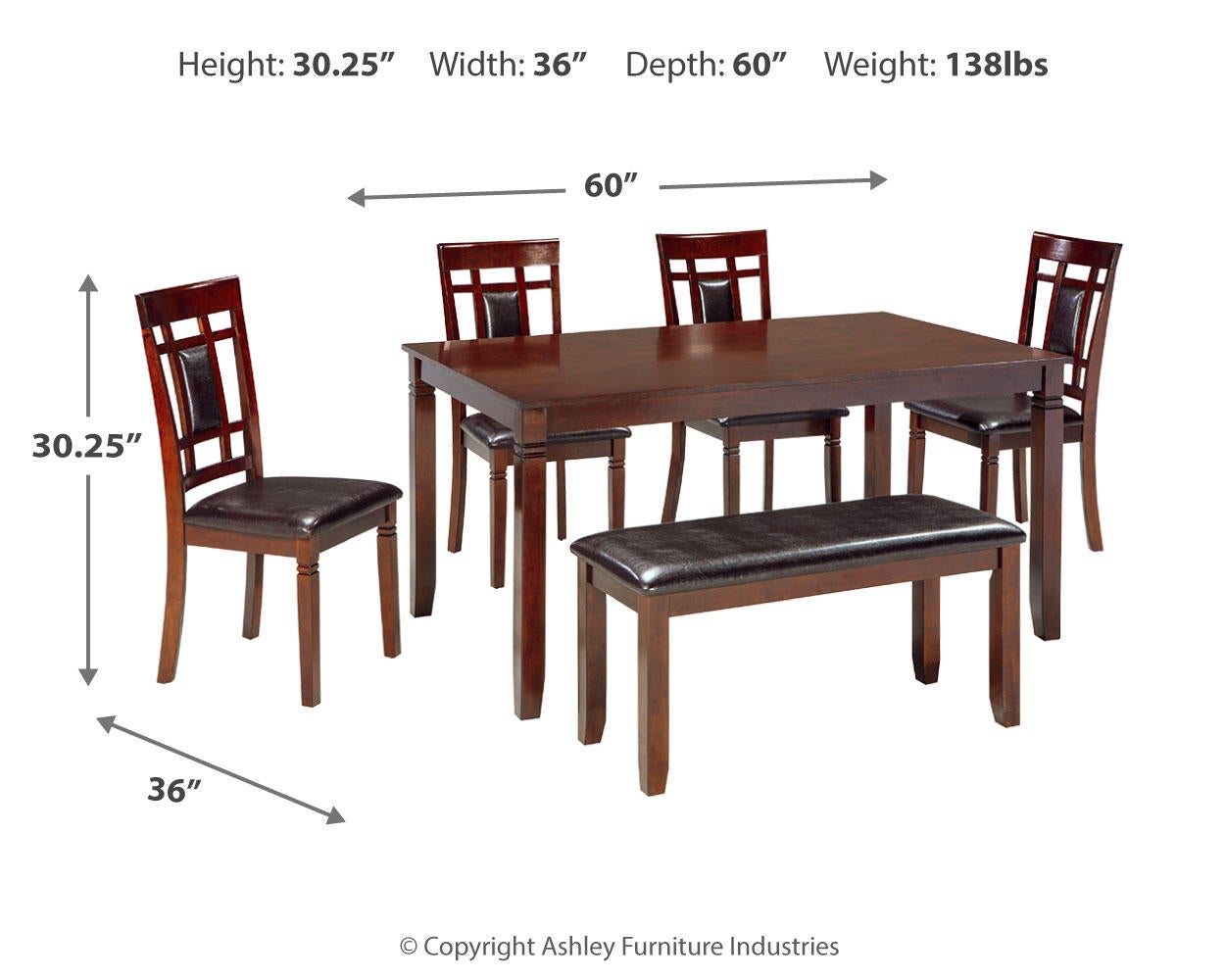 The Bennox Dining Room Table Set (6/CN) features a rectangular table with four chairs and an upholstered bench; dimensions: 30.25" H x 36" W x 60" D, total weight 138 lbs.