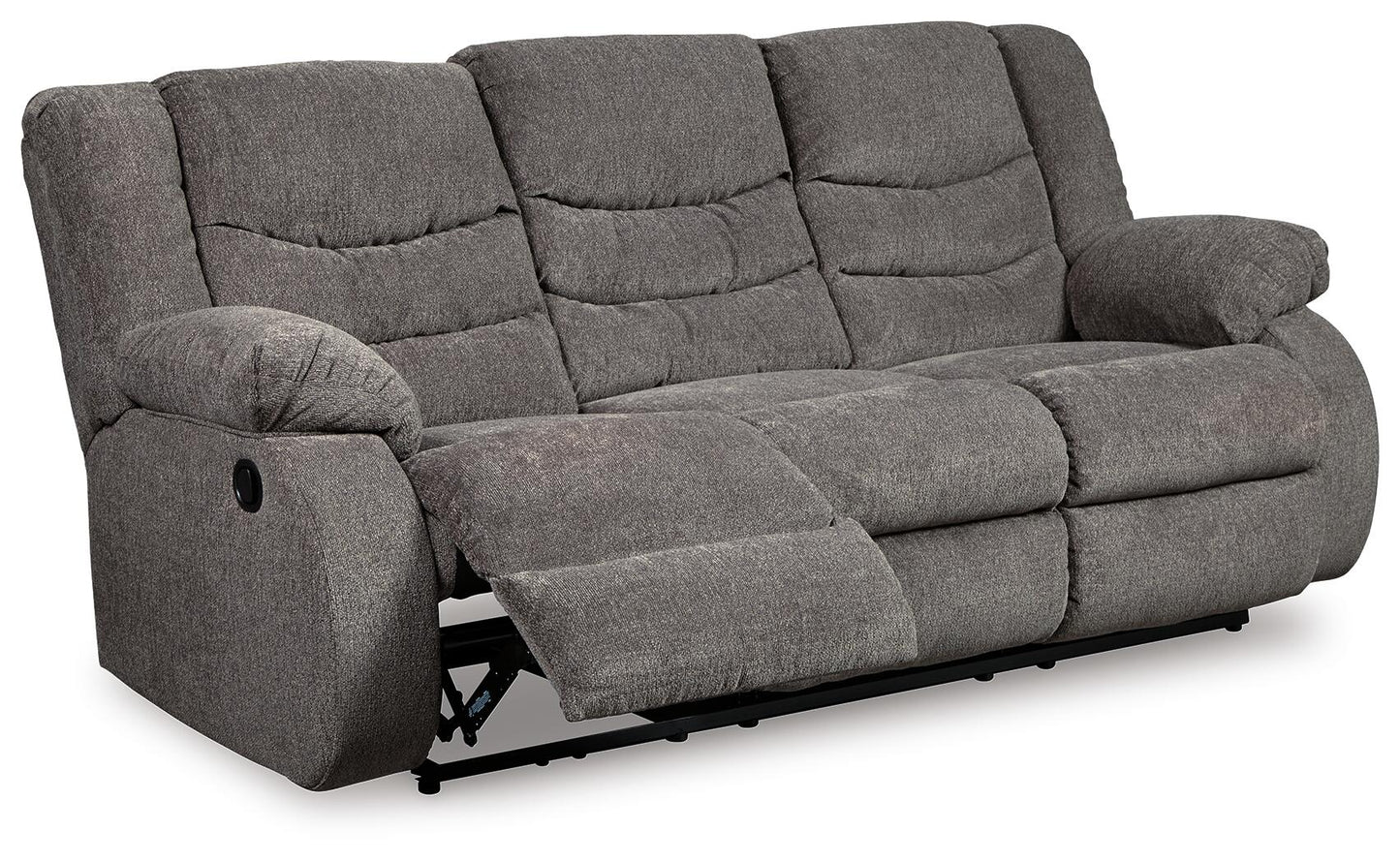 The Tulen Reclining Sofa features gray chenille fabric, padded armrests, and a single-side extended footrest for enhanced comfort.