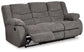 The Tulen Reclining Sofa features gray chenille fabric, padded armrests, and a single-side extended footrest for enhanced comfort.