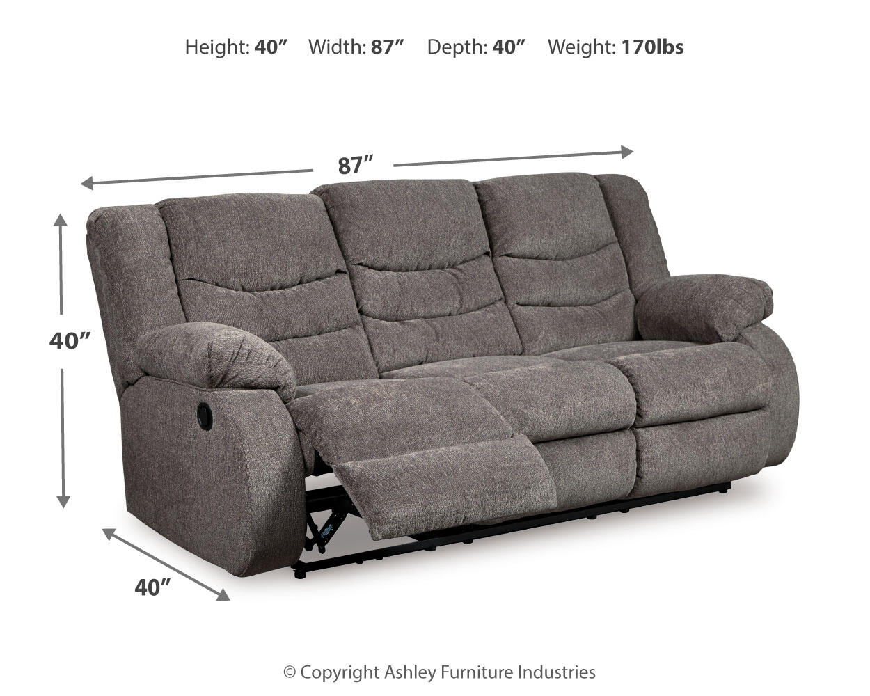 The Tulen Reclining Sofa features gray dual-sided reclining seats with chenille fabric upholstery. It measures 40" H x 87" W x 40" D, weighs 170 lbs, and has a left seat that reclines for added comfort and style.