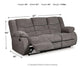 The Tulen Reclining Sofa features gray dual-sided reclining seats with chenille fabric upholstery. It measures 40" H x 87" W x 40" D, weighs 170 lbs, and has a left seat that reclines for added comfort and style.