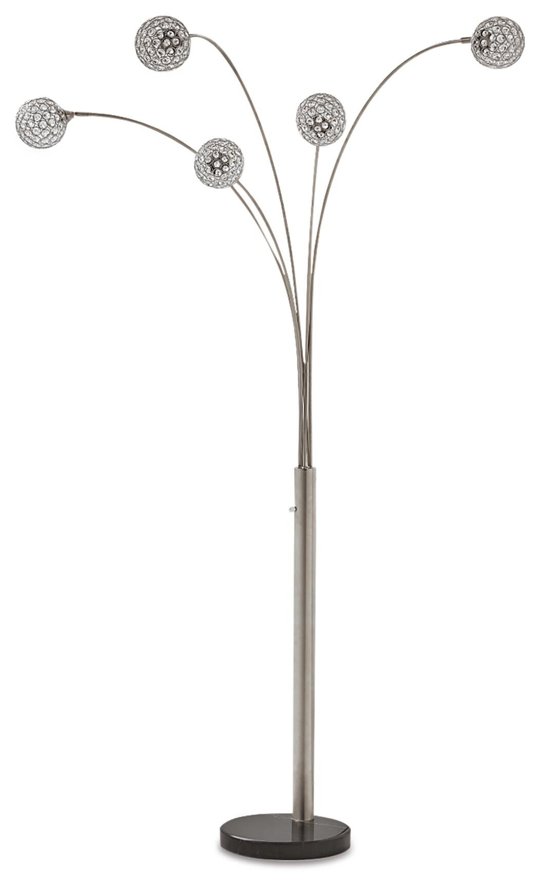 The Winter Metal Arc Lamp (1/CN) features five curved metal arms with spherical wire mesh shades and crystal acrylic balls, all elegantly standing on a round black marble base.