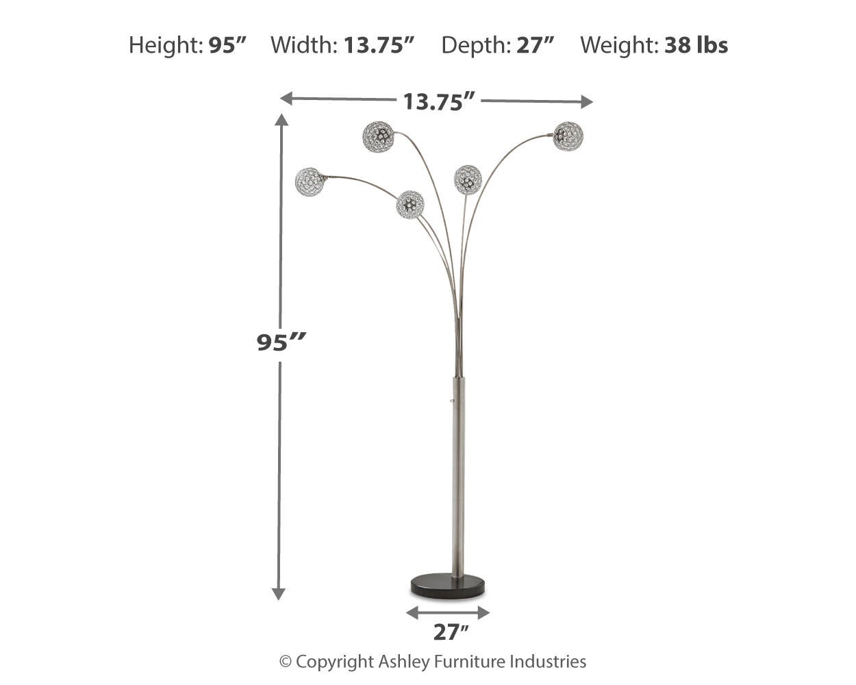 The Winter Metal Arc Lamp (1/CN) features five curved arms, globe light covers, a sleek black marble base with crystal acrylic ball accents. Dimensions: 95"H x 13.75"W x 27"D; weight: 38 lbs.