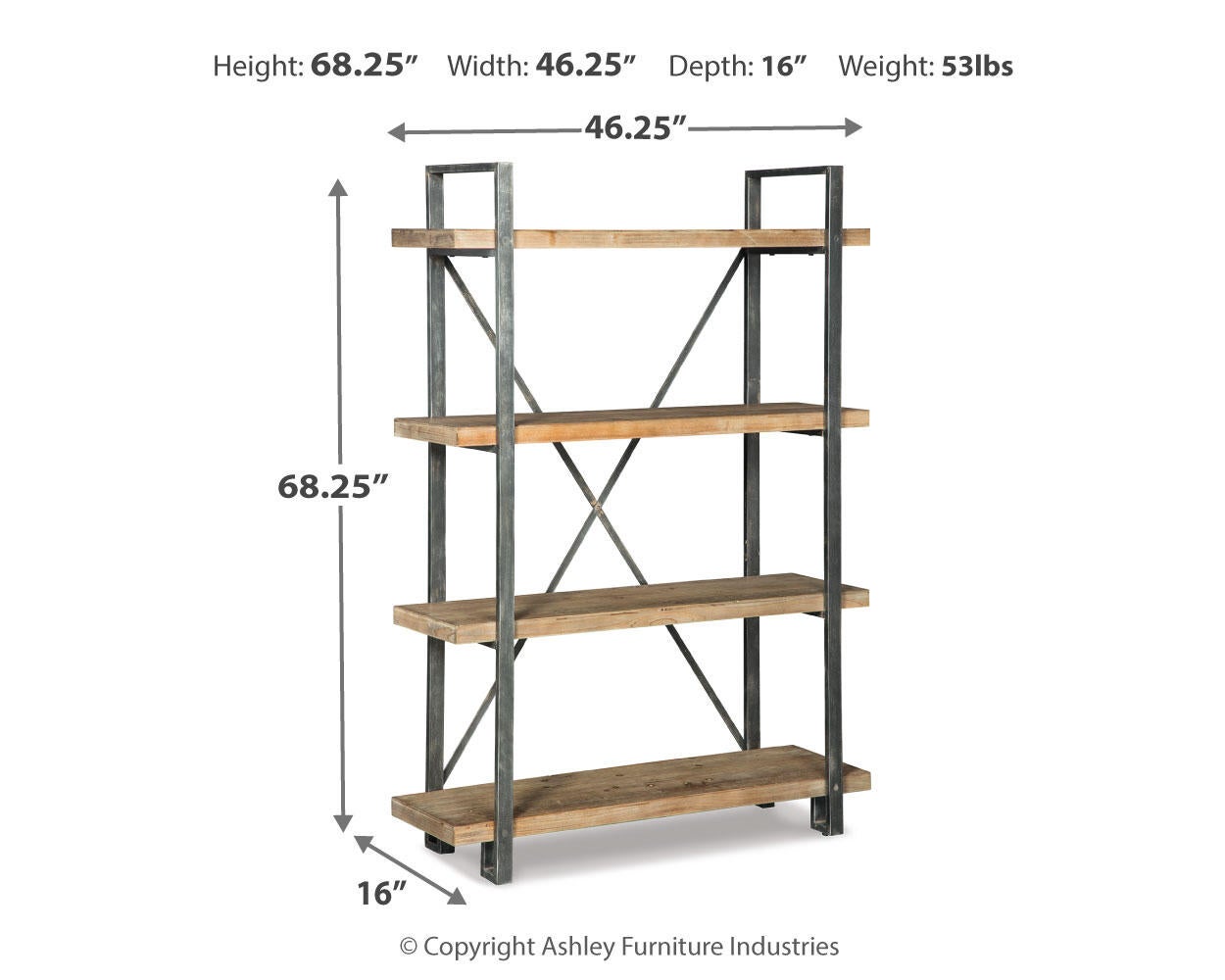 The Forestmin Bookcase is an urban eclectic bookshelf with four shelves, a wood and metal frame, measuring 68.25"H x 46.25"W x 16"D, and weighs 53 lbs.