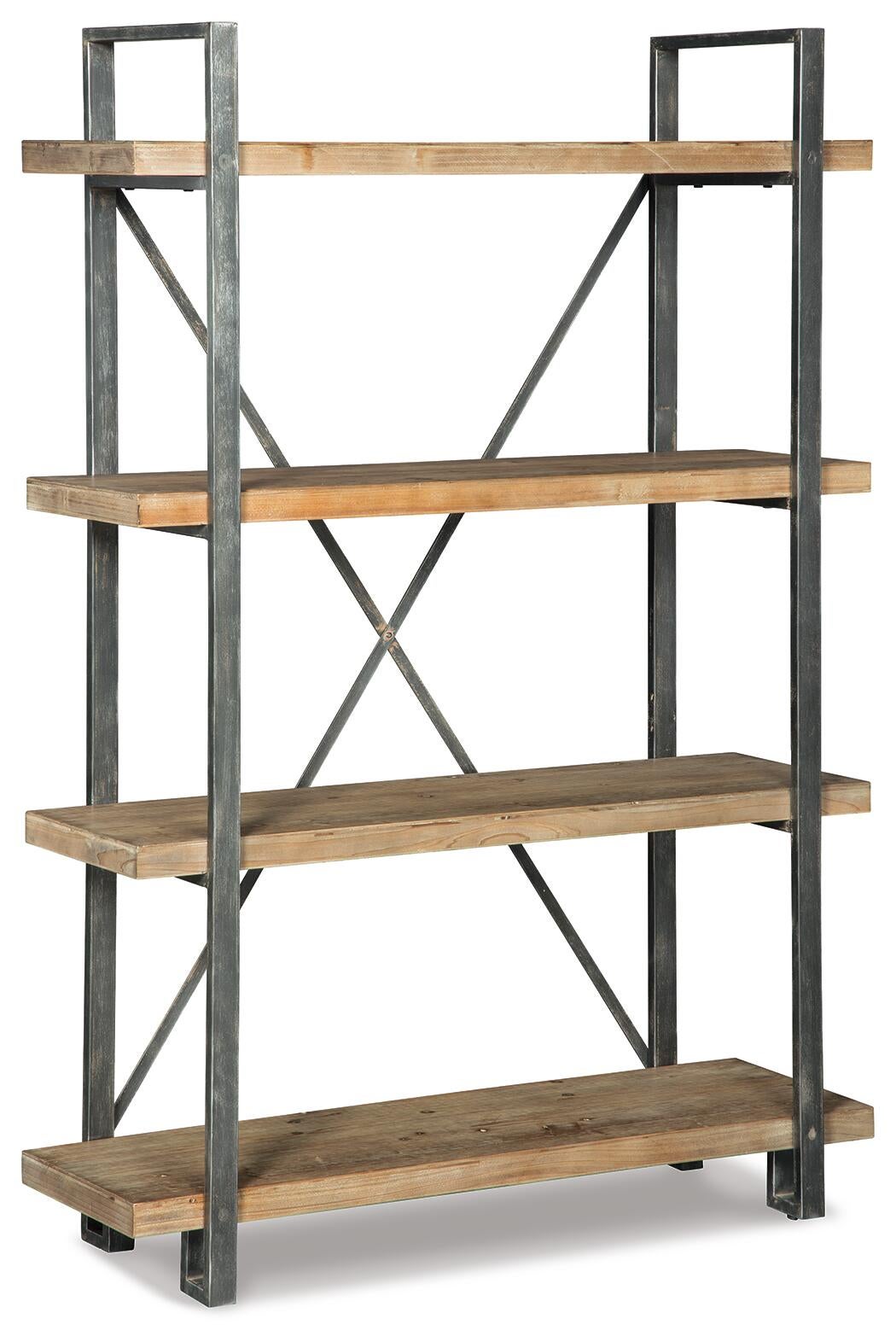 The Forestmin Bookcase features an industrial-style metal frame, four wooden gallery shelves, and a bold X-shaped back support—ideal for creating an urban eclectic bookshelf look.