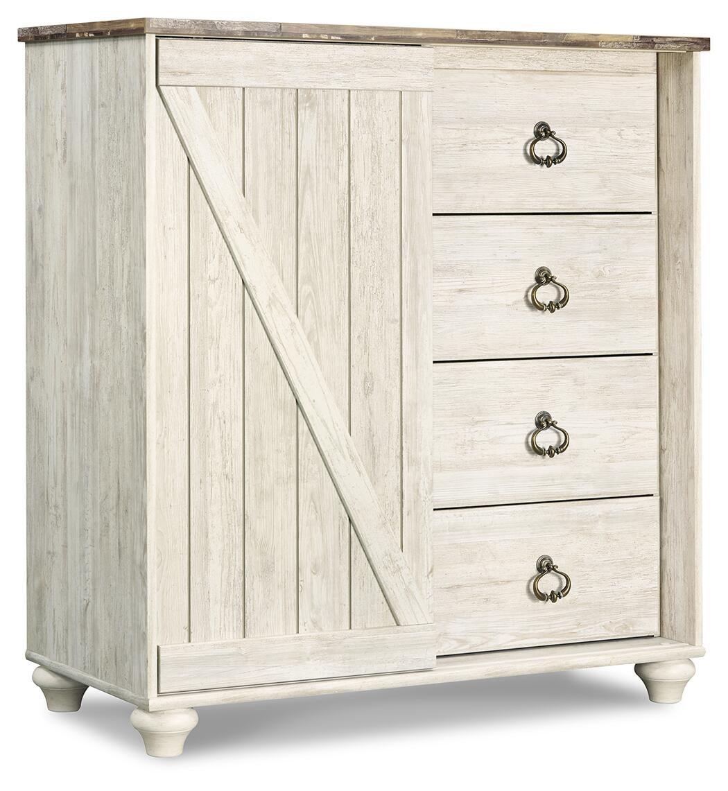 The Willowton Dressing Chest features four drawers on the right, a sliding barn-style door on the left, round metal handles, and a rustic white finish—perfect for shabby chic storage needs.