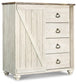 The Willowton Dressing Chest features four drawers on the right, a sliding barn-style door on the left, round metal handles, and a rustic white finish—perfect for shabby chic storage needs.