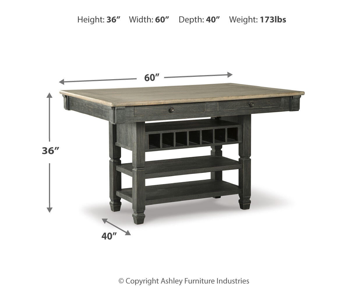 The Tyler Creek RECT Dining Room Counter Table features an urban farmhouse style with a light wood top, black base, shelves, and built-in wine storage. Measures 36"H x 60"W x 40"D; weighs 173 lbs.