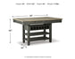 The Tyler Creek RECT Dining Room Counter Table features an urban farmhouse style with a light wood top, black base, shelves, and built-in wine storage. Measures 36"H x 60"W x 40"D; weighs 173 lbs.