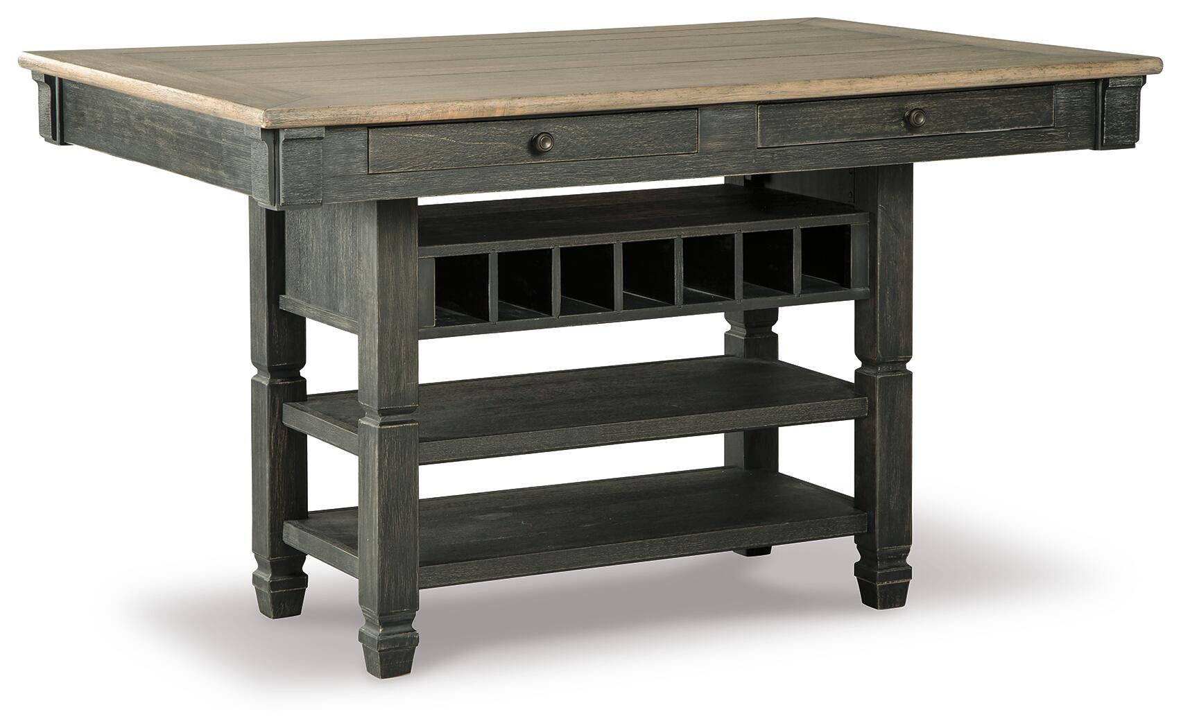 The Tyler Creek RECT Dining Room Counter Table features two drawers, wine storage, two open shelves, and a contrasting light wood top, bringing urban farmhouse style to your kitchen.