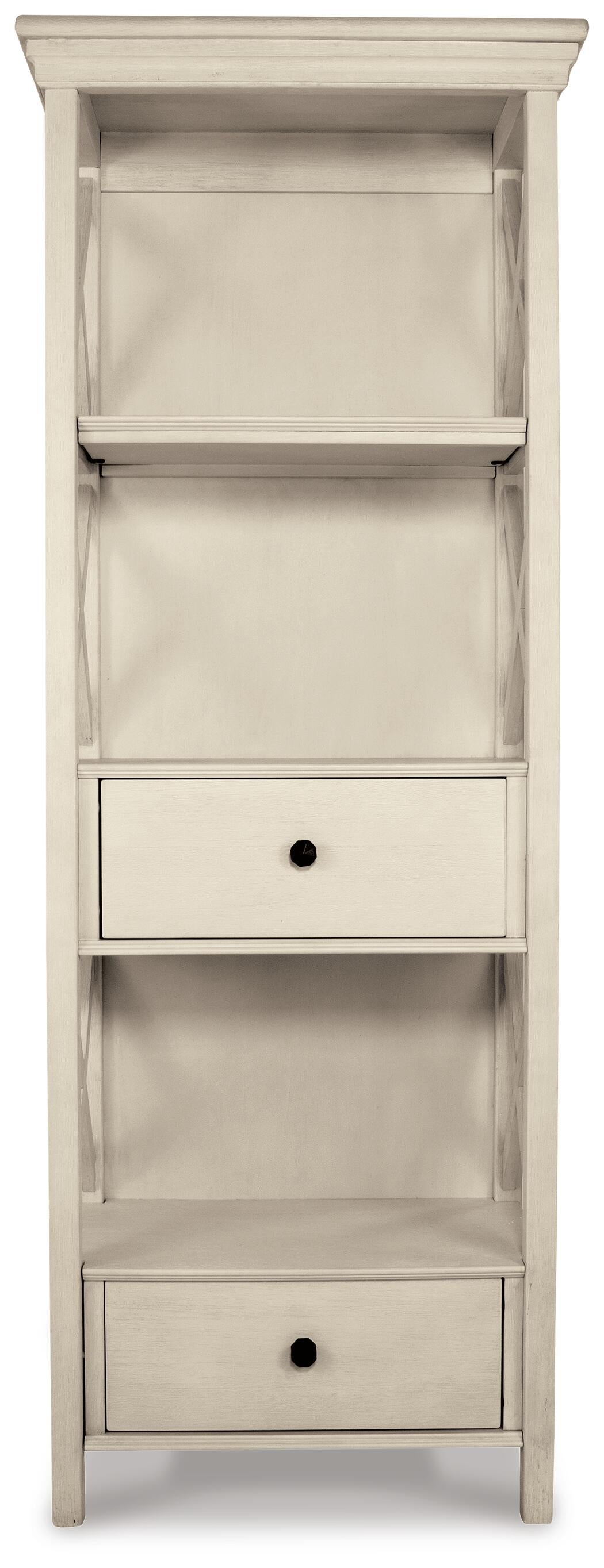 The Bolanburg Display Cabinet boasts an antiqued white finish, two open shelves, and two drawers with black knobs—perfect as a charming cottage-style addition to your space.