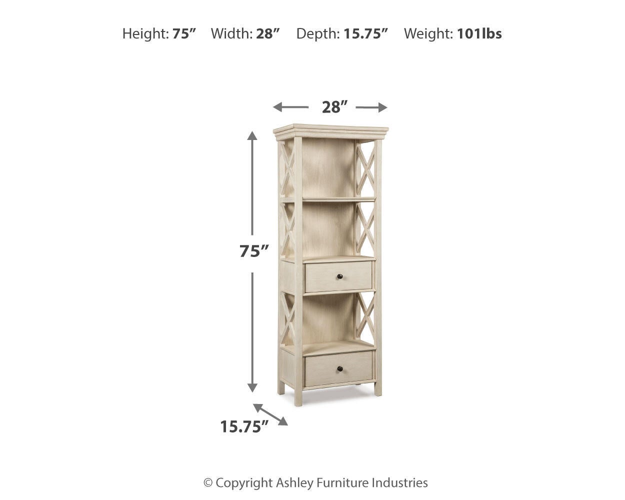 The Bolanburg Display Cabinet features a cottage-style design in light wood with cross-brace sides, two drawers, and three shelves. It stands 75" high, 28" wide, 15.75" deep, weighs 101 lbs—perfect for stylish storage and display.