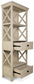 The Bolanburg Display Cabinet features an antiqued white finish, two open shelves on top, two partially open drawers below, and decorative X-shaped side panels in a charming cottage style.