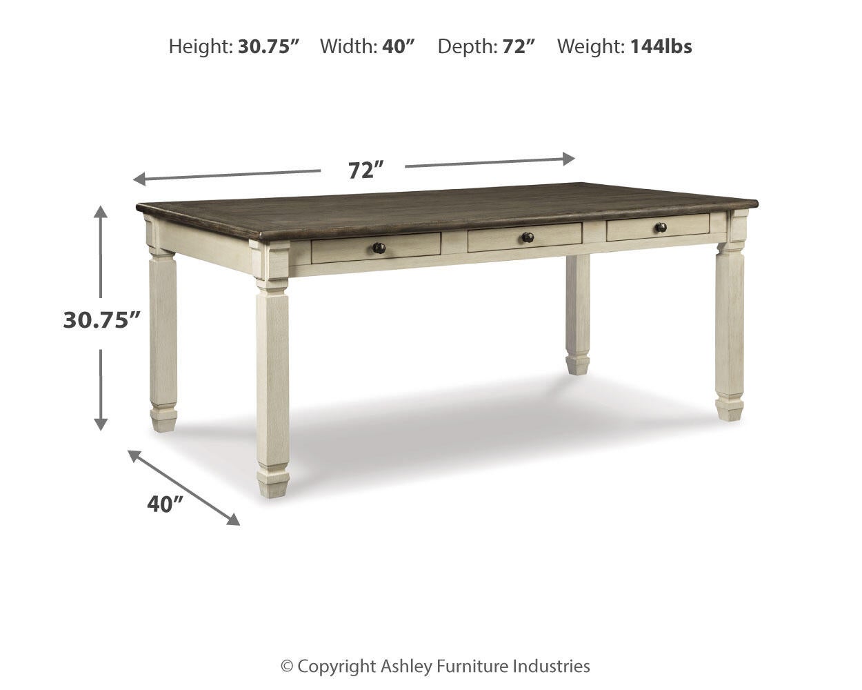 The Bolanburg Rectangular Dining Room Table features three drawers, white legs, and a dark top. This two-tone table measures 72" L x 40" W x 30.75" H and weighs 144 lbs.