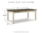 The Bolanburg Rectangular Dining Room Table features three drawers, white legs, and a dark top. This two-tone table measures 72" L x 40" W x 30.75" H and weighs 144 lbs.