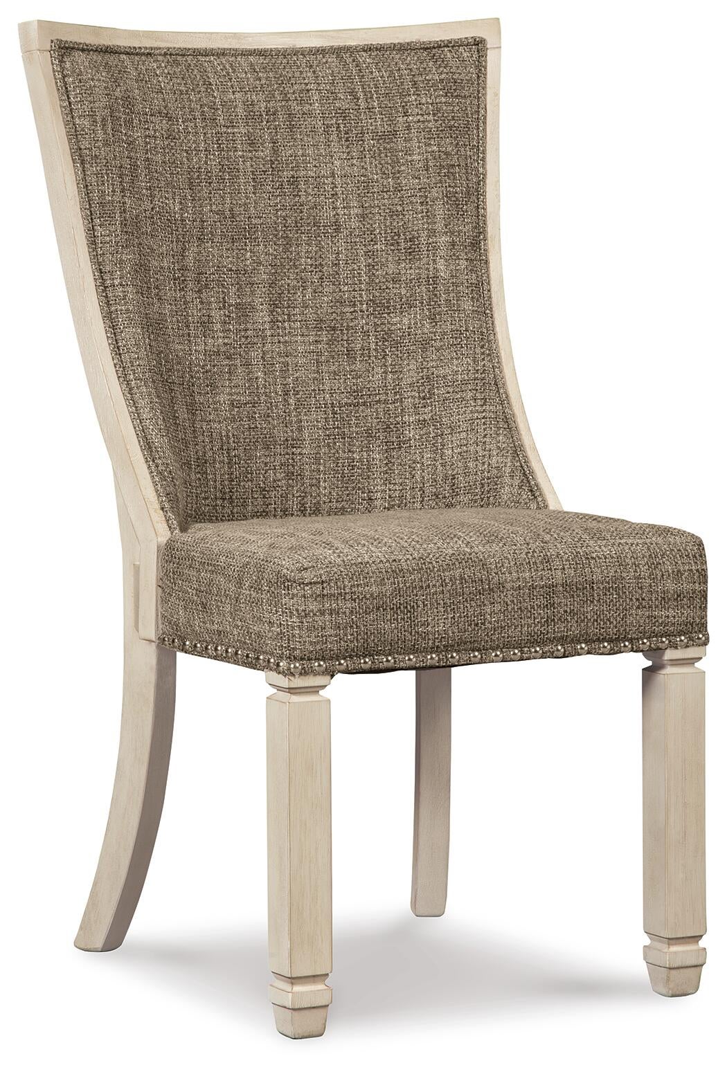 The Bolanburg Dining UPH Side Chair (2/CN) features a high, angled backrest and cushioned seat in textured brown fabric, complemented by light-colored legs and frame with an antiqued white finish.