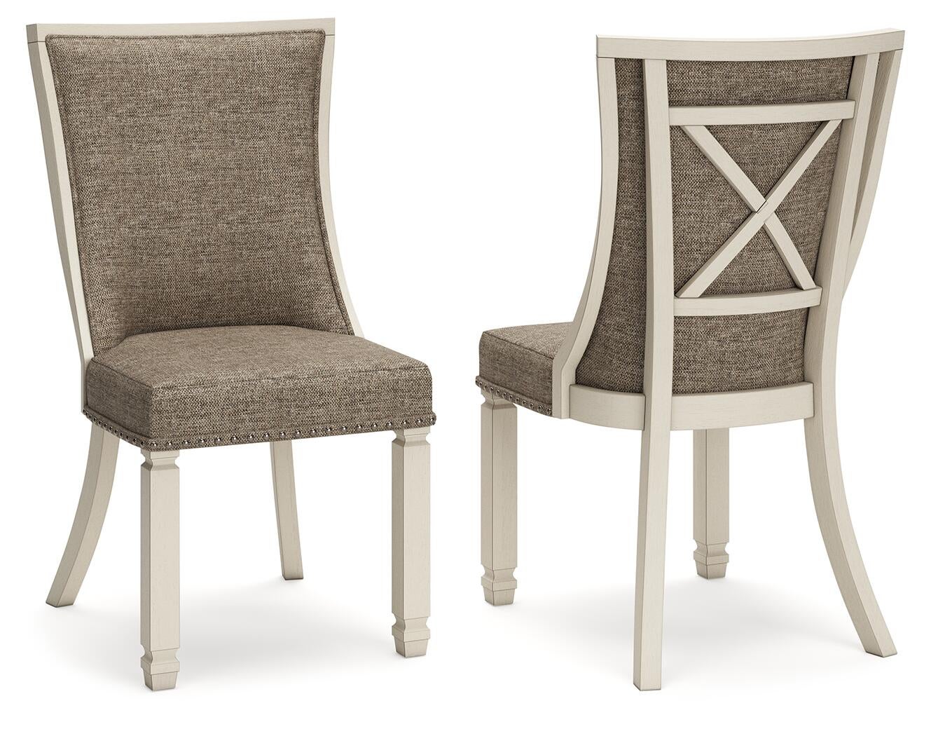 Set of two Bolanburg Dining UPH Side Chairs with cushioned seats, beige fabric backs, antiqued white wooden frames, and nailhead trim; includes front and back views.