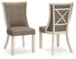 Set of two Bolanburg Dining UPH Side Chairs with cushioned seats, beige fabric backs, antiqued white wooden frames, and nailhead trim; includes front and back views.