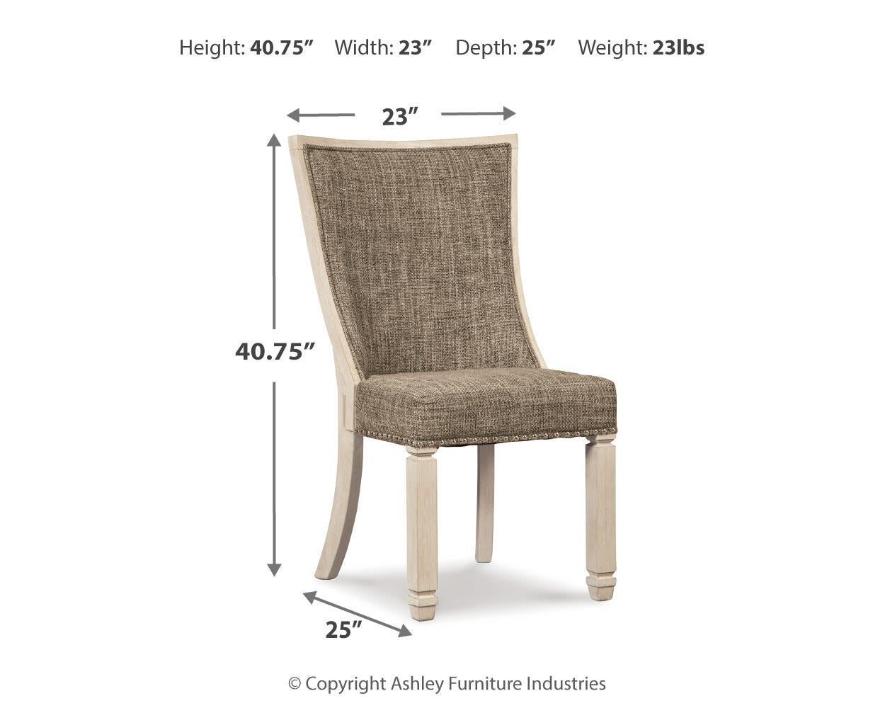 The Bolanburg Dining UPH Side Chair (2/CN) features an antiqued white wood frame, a cushioned seat, and measures 40.75"H x 23"W x 25"D; weight is 23 lbs.