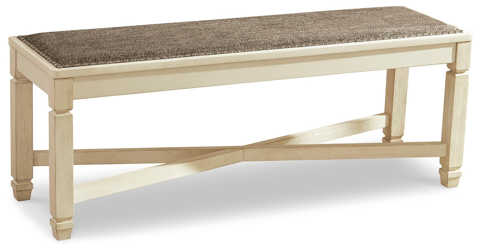The Bolanburg Large UPH Dining Room Bench features an antiqued white finish, four square legs, cross-brace support, and a brown cushioned seat.