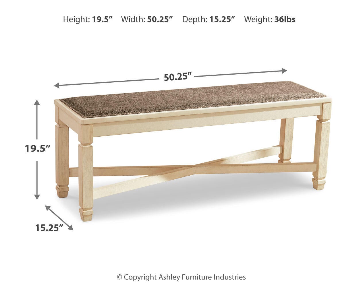 The Bolanburg Large UPH Dining Room Bench features a rectangular cushioned seat in heavy woven fabric with an antiqued white finish. It measures 50.25"W x 15.25"D x 19.5"H and weighs 36 lbs; dimensions indicated with arrows.