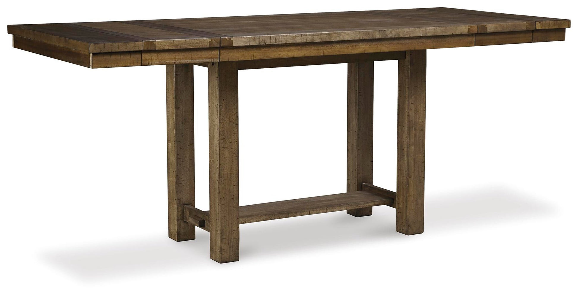 The Moriville RECT DRM Counter EXT Table is a rectangular wooden extendable dining table with a rustic, distressed nutmeg finish and four straight legs connected by a horizontal support beam near the base.
