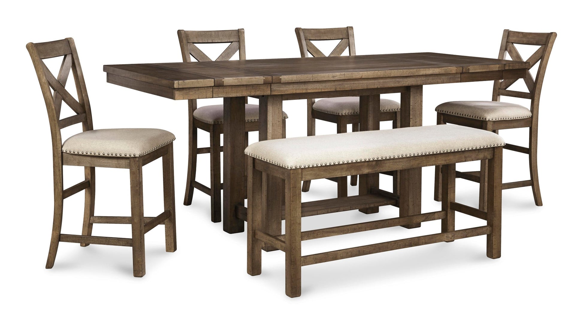 The Moriville RECT DRM Counter EXT Table set includes a rectangular wooden table, four cushioned chairs, and a matching cushioned bench—an ideal choice for modern dining spaces.