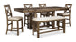 The Moriville RECT DRM Counter EXT Table set includes a rectangular wooden table, four cushioned chairs, and a matching cushioned bench—an ideal choice for modern dining spaces.