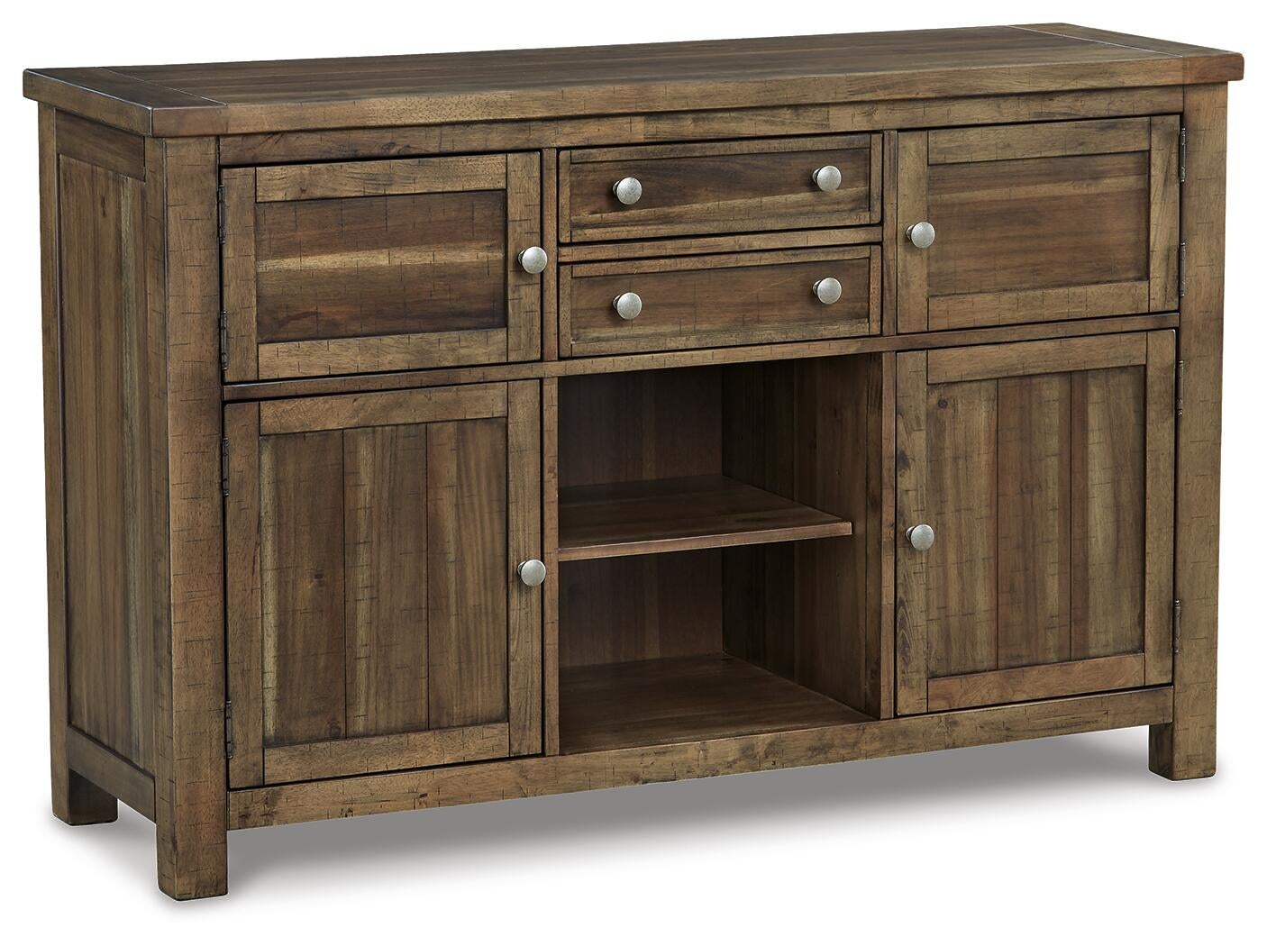 The Moriville Dining Room Server features a rustic distressed nutmeg finish, antiqued bronze-tone hardware, two cabinets, three drawers, and an open central shelf.