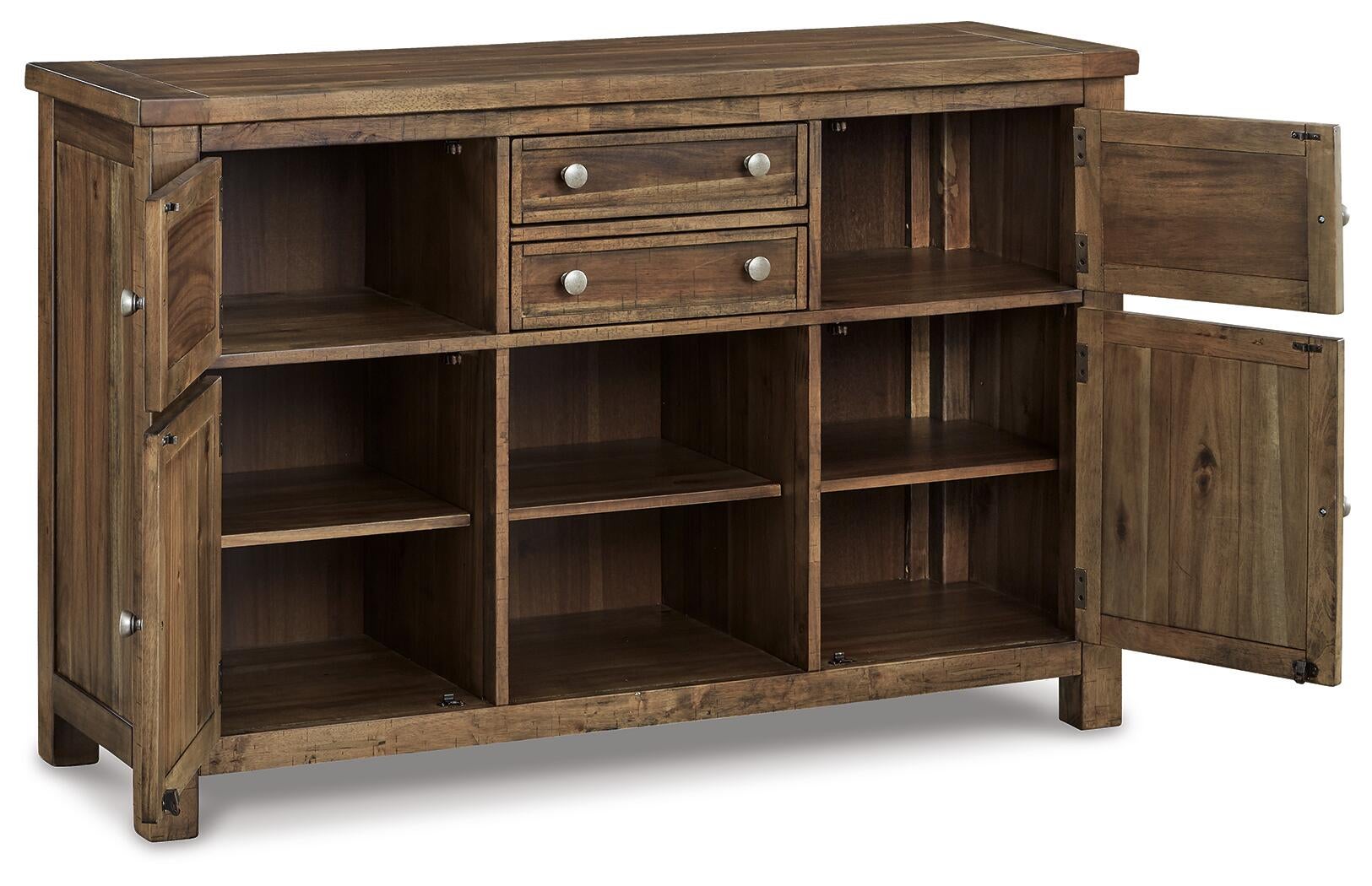 The Moriville Dining Room Server in a distressed nutmeg finish features two small drawers with antiqued bronze-tone hardware, six open shelves, and two cabinet doors—one open to show extra shelving inside.