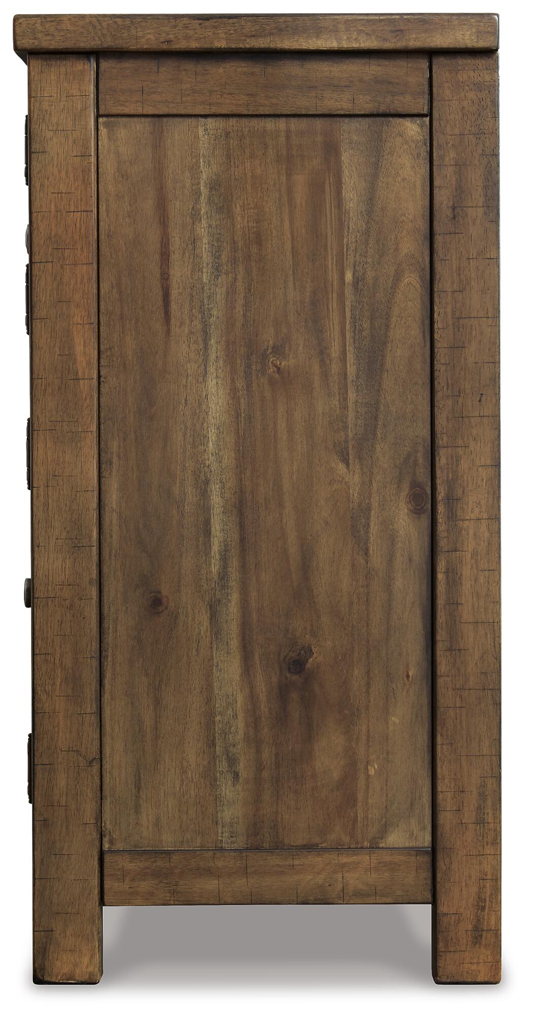 Side view of the Moriville Dining Room Server, featuring a distressed nutmeg finish, visible wood grain, antiqued bronze-tone hardware, and a simple rectangular frame.